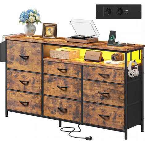 Kommode mit 9 Stoffschubladen, 40 LEDs, 2 USB & 2 Steckdosen, Vintage Braun (1/5)
