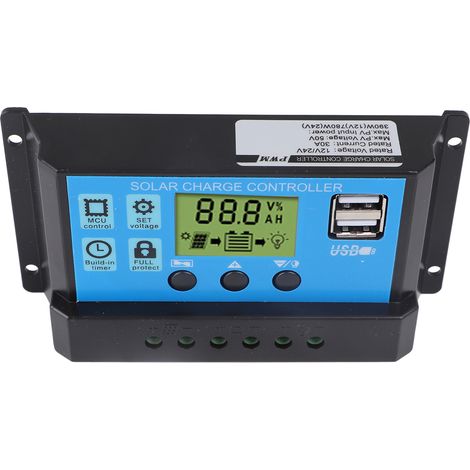 Contrôleur de charge solaire 30 A, régulateur intelligent pour panneaux solaires et batteries, avec double port USB et affichage numérique. (1/5)