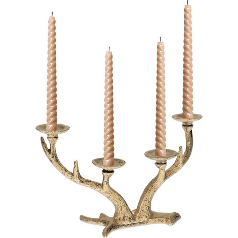 Chandelier en Bois de cerf, candélabre pour chandelle Ø 4 cm, Porte-Bougie Vintage en Fonte, Quatre Bras, doré (1/5)