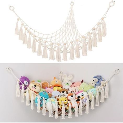 Hamac mural de rangement pour jouets en peluche - Style bohème - Filet triangulaire en corde de coton tissée à la main (1/5)
