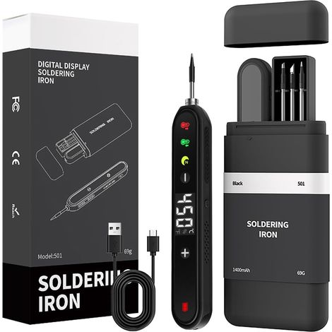 Fer à souder sans fil avec support, écran LCD, température réglable 180-450 °C, 3 pointes de soudure, fer à souder USB pour réparation de circuits imprimés, réparation de soudure - Noir (1/5)