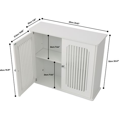 Armoire murale de salle de bain blanche, meuble suspendu double porte avec façade lamellée, armoire à pharmacie pratique pour rangement, fixation murale et gain de place (1/5)