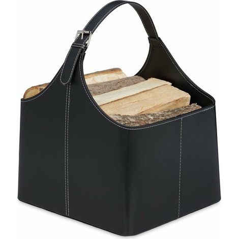 Panier à bois, range-buches similicuir, porte-revues,accessoire cheminée, noir (1/4)
