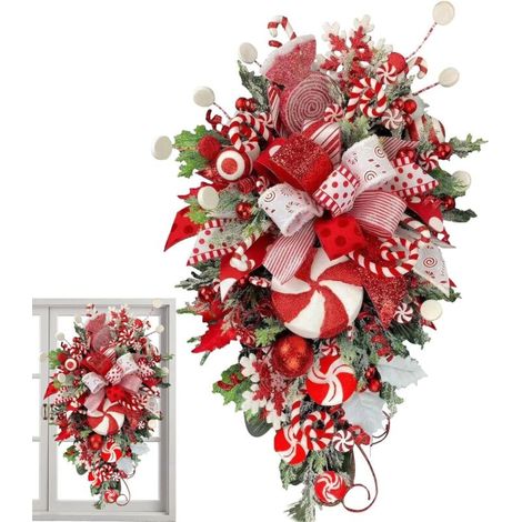 Guirnalda de bastones de caramelo navideños, guirnalda de dulces artificiales rojos y blancos para decoración - Coronas de árbol invertidas para decoración exterior de la casa, jardín y paredes de Hal (1/5)