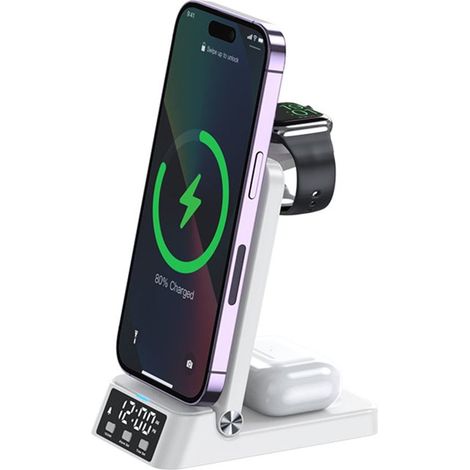 Caricabatterie wireless sign 3 in 1 con sveglia 15 w - bianco