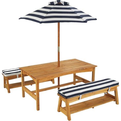 KidKraft Set tavolo e panchine in legno per bambini con cuscini e ombrellone, mobili per giardino e per esterno, Strisce blu navy e bianche, 00106 (1/5)