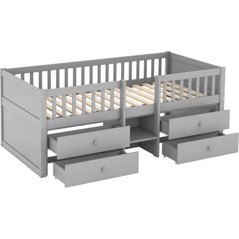 Cama alta infantil 90 x 200 cm gris con 4 cajones, barandilla y escalera, pino y MDF (1/5)