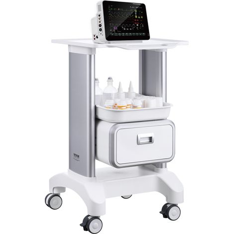 VEVOR Chariot utilitaire mobile , 2 niveaux avec tiroir et plateau, construction ABS durable, roulettes silencieuses pour laboratoires, cliniques, hopitaux, salons, blanc