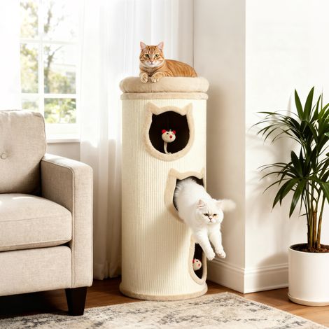 Rascador cilíndrico para gatos, 96 cm, torre de 4 niveles con cama lavable, 3 cuevas para dormir, juguetes colgantes, para varios gatos, gris