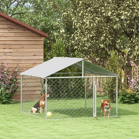 Chenil pour Chien Extérieur, Enclos à Chiens avec Toit Anti-Pluie, 200x200x150cm, Gris Anthracite et Argent, Abri de Jardin pour Animal (1/5)