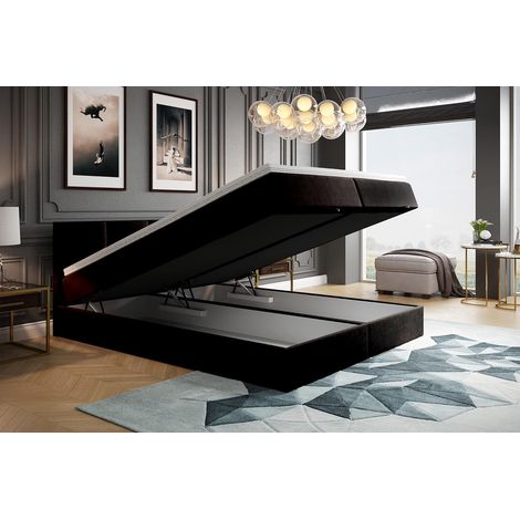 Lit adulte 140x200 cm ROYAL - rembourré avec rangement et matelas – tissu velours - noir