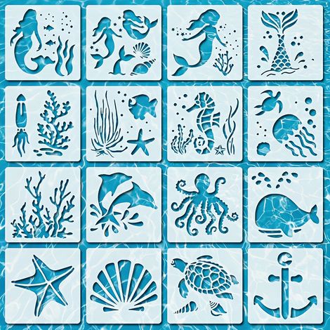 16 Pièces Pochoir de Dessin,Pochoirs de Peinture en Plastique en Couleur pour Enfants,(Thème océanique)Réutilisable Pochoirs de Journal pour Artisanant DIY Cartes Scrapbooking (1/5)