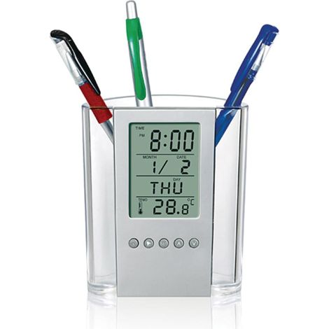 Réveil numérique LCD de bureau avec porte-stylo, affiche l'heure, la date, l'année, le jour de la semaine, la température et le calendrier, convient à la maison, au bureau et à l'école. (1/5)