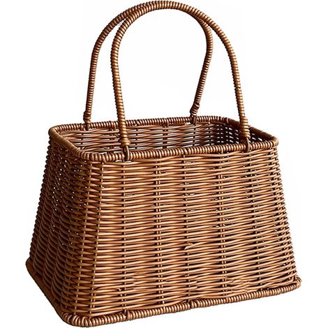 Trapezoidal Woven Faux Rattan Storage Basket, Portable Storage Basket with Handles for Picnics, Home Decor (1/5)