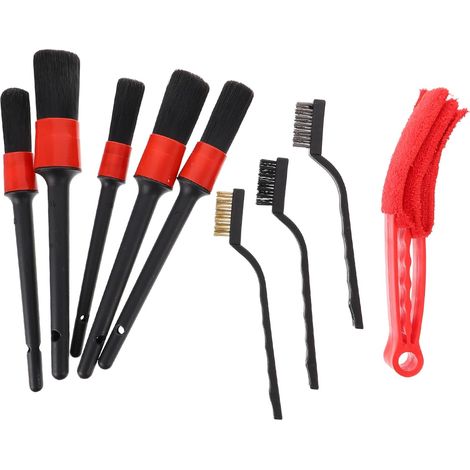 Kit de cepillos de 9 piezas para el cuidado del automóvil, para la limpieza interior y exterior, con cerdas de cerdo, ventilación metálica, mantenimiento del automóvil, neumáticos y motor (1/5)