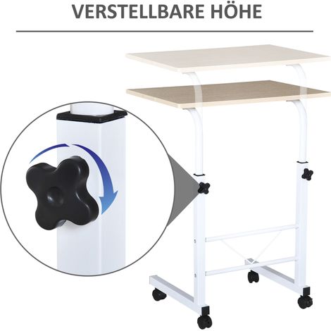 Table basse réglable en hauteur avec roulettes et freins, table d'appoint mobile en panneaux de particules, acier et plastique, couleur érable blanc, 60 x 40 x 68-78 cm (1/5)