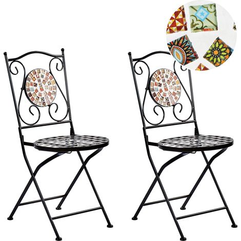 Conjunto de 2 sillas de balcón jardín de metal negro estilo vintage mosaico plegable negro Casario