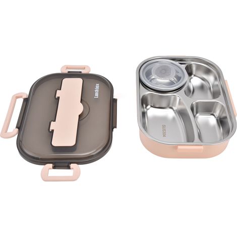 Boîte à lunch portable pour enfants en acier inoxydable 304, 1,3 L, à quatre compartiments, avec bol à soupe, baguettes et cuillère.