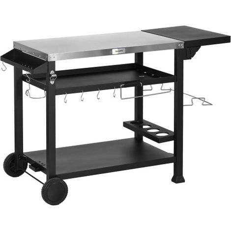 Outsunny Grillwagen Table au barbecue avec table d'accessoire pliable 3 étages 6 crochets rouleaux étagère à vin Tableau pour jardin et terrasse