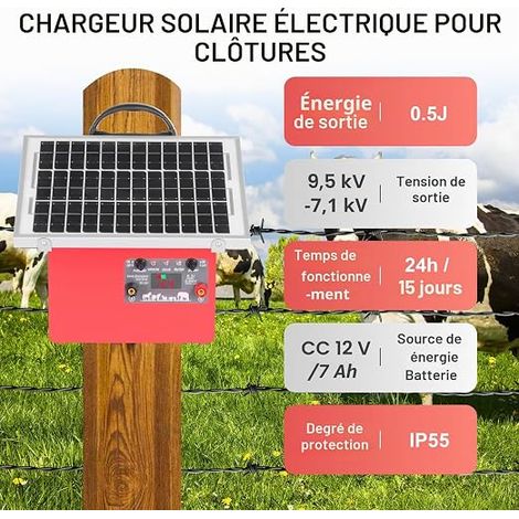 cloture electrique solaire, 9,5 kV Berger électrique Contrôleur pour chevaux, 0,5 J Clôture électrique pour élevage d'animaux de berger, pour ferme, pâturage, jardin Red (1/3)