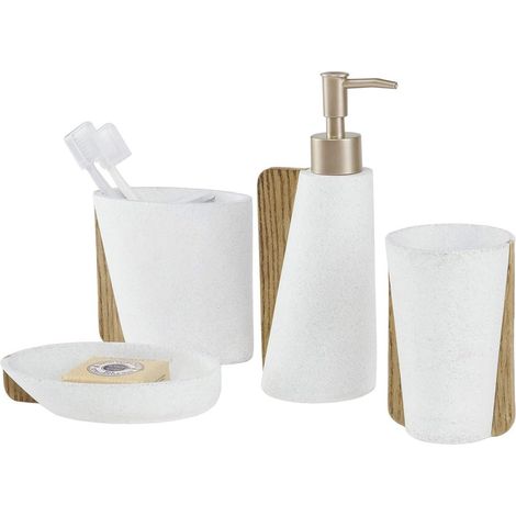 MINKUROW Set Da Bagno 4 Pezzi Accessorio Bagno Kit Bagno Aspetto Legno Grana Pietra Con Dispenser Sapone Liquido Bottiglia Portaspazzolino Portasapone Bianco+Marrone (1/4)