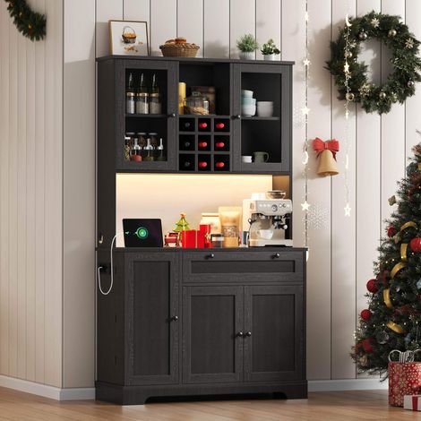 Buffet de cuisine haut 105 x 40 x 180 cm, 5 portes, porte vitrée, LED, prises AC et USB, étagères réglables, noir (1/5)