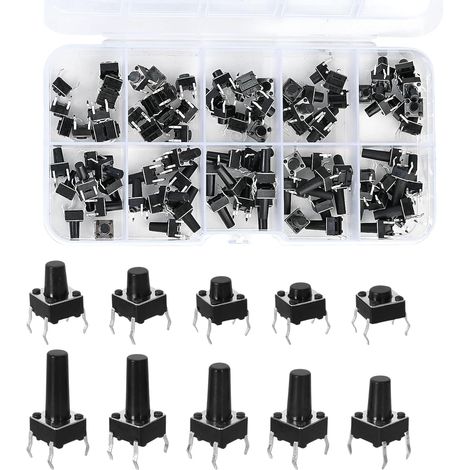 Paquete de 100 interruptores táctiles momentáneos de botón pulsador, mini interruptores táctiles, 6 x 6 x 4,3/5/6/7/8/9/10/11/12/13 mm, interruptor táctil (1/5)