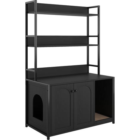 Enclos pour Bac à Litière pour Chat avec Étagères de Rangement, Meuble Intérieur en MDF Noir avec Deux Portes (1/5)