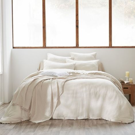 Housse de couette 140x200 gaze de coton carreaux écru Terre de Nuit Vichy