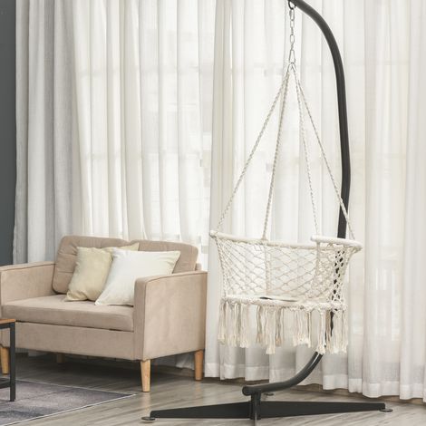 Hamac jardin style chic bohème fauteuil suspendu polyester macramé intérieur extérieur crème 80x60x36 cm