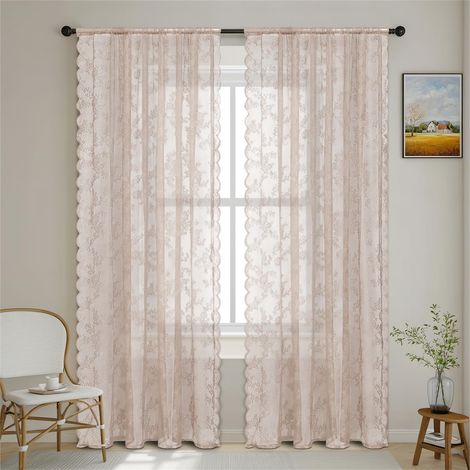 Rideaux en Voile à Dentelle Rose Clairs 2 Pièces 100 × 250 cm, Rideau de Fenêtre Moderne, pour Salon Chambre Cuisine Décor (1/5)