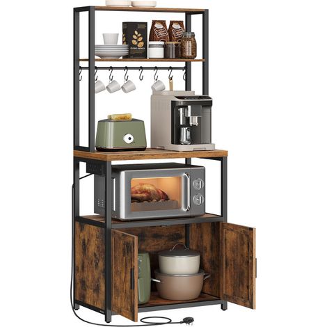 Kitchen Bakers Rack with Power Outlet, Coffee Bar Cabinet with 90cm High Worktop, Microwave Stand with 8 Hooks (1/5)
