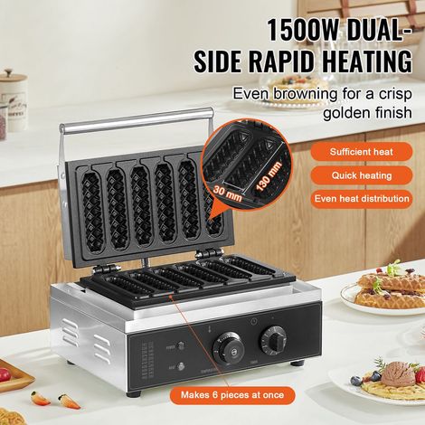 Gaufrier à bâtonnets pro, 6 pièces 1500W en acier inox antiadhésif, appareil gaufres hot dog maïs avec réglage température minuteur, poignée, restaurant boulangerie snack bar maison (1/5)