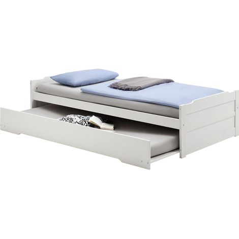 Idimex – Lit gigogne blanc 90x200 cm – Structure en pin massif – Tiroir-lit intégré – Hauteur pan de lit 34 cm – Adapté aux sommiers roulés (1/3)