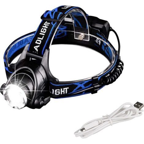 Lampe Frontale LED Puissante Rechargeable Torche Frontale Lampe Phare Orientable 3 Modes LED Frontale avec Câble USB et 2 Piles 18650 pour Peche Vélo Randonnée Course Camping(Bleu)