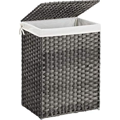 Songmics – Panier à linge 90L en rotin synthétique tissé à la main – Sac intérieur amovible – Poignées robustes – Dimensions 46x33x60 cm – Gris