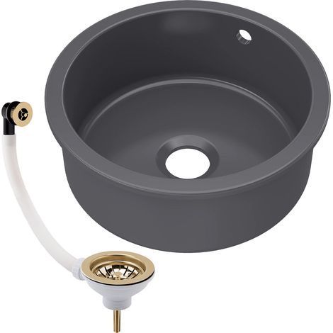 Balterley Dark Grey Fireclay Bowl Round Undermount Kitchen Sink with Central, Overflow and Brushed Brass Strainer Waste, 460mm (1/3)