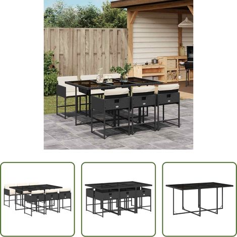 Chaises de jardin - Ensemble à manger de jardin coussins 7pcs Noir Résine tressée (1/5)