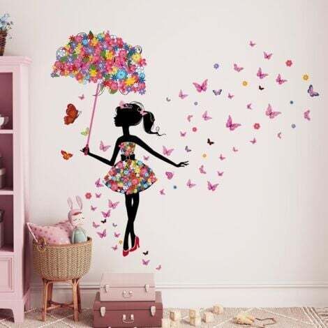 Stickers Muraux Fée Fleur Autocollants Mural Fille Papillon Stickers Muraux Fille Avec Parapluie pour Chambre de Bébé Pépinière D'enfant Décoration Murale De La Maison (1/5)