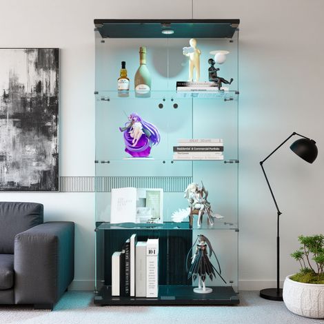 Vitrine en Verre LED avec 2 portes et 4 étagères, Vitrine 4 niveaux en trempé avec anti-basculement, Vitrine d'exposition pour salon, chambre et salle à manger, 80 x 36 x 164 cm, Noir (1/5)
