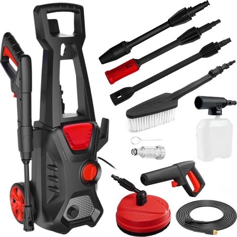 Nettoyeur Haute Pression, 1600W, Max. 200 Bar, Débit 480 l/h, Tuyau 5m, Pompe Aluminium, Filtre à Eau, Kit D'accessoires - Buse Turbo, Canon à Mousse, Brosse pour Terrasse et Voiture