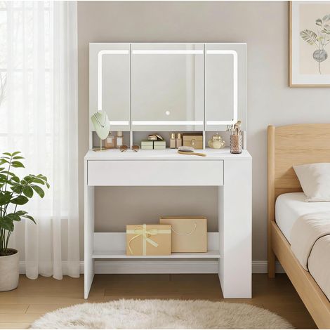 Bureau coiffeuse LED 90x40 cm avec rangements OKMYHOME (1/5)