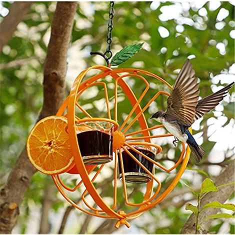 Comedero doble para pájaros con compartimentos para frutas y mermeladas, decoración metálica para jardín (exterior).