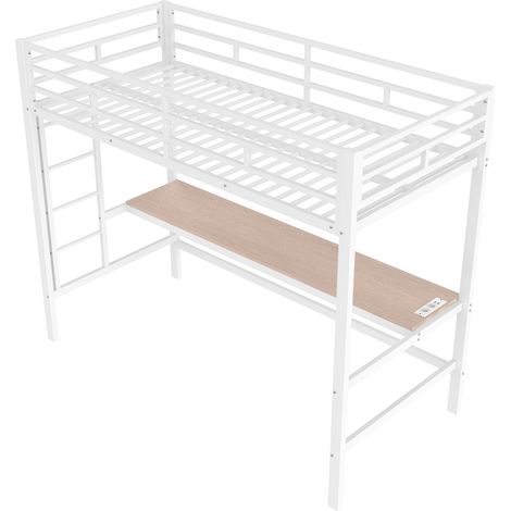 Litera alta 90 x 200 cm de metal blanco con escritorio, escalera, barandillas, LED y puertos USB (1/5)