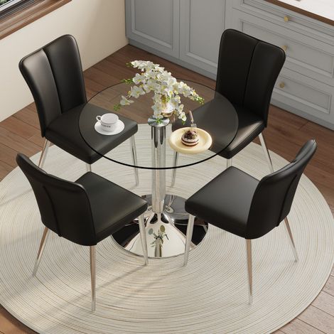 Mesa de comedor redonda de vidrio transparente (85x85x76 cm), con 2 sillas, base metálica, negro y plata (1/5)