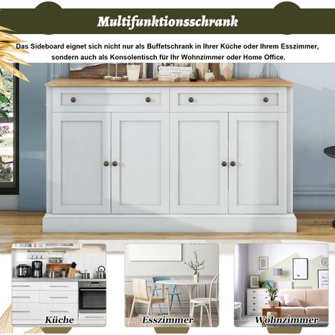 Meuble buffet haut avec 4 portes et 2 tiroirs, armoire de rangement moderne pour salle à manger et séjour, 150 x 86 x 40 cm (L/P/H) – (Blanc ancien + bois naturel) (1/5)