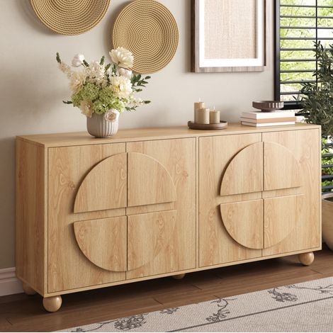 Credenza a 4 ante 160x38x76 cm, con scomparti separati, ripiani regolabili, MDF e pino, naturale (1/5)