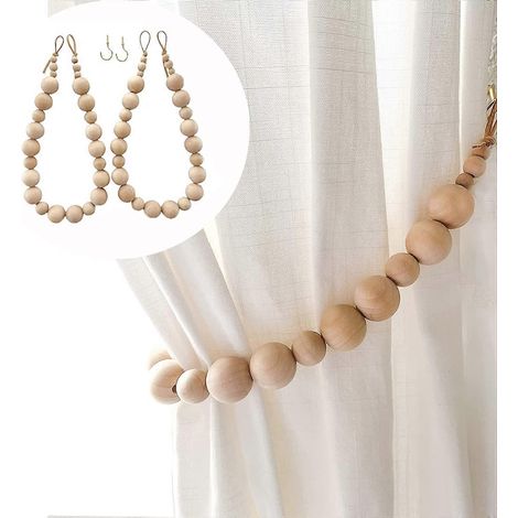 Embrasses de rideaux, attaches de rideaux en corde, style bohème, supports de rideaux de ferme, attaches de rideaux en perles de bois naturel (lot de 2) (1/5)
