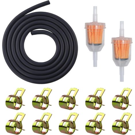 1/4" Kit Durite Essence, 2m Ø 6mm Conduite de Carburant avec 2 Filtres Essence Moto et 10 Colliers Durite Essence, Tuyau de Carburant Kit pour Tondeuse,Petits Moteurs,Voiture