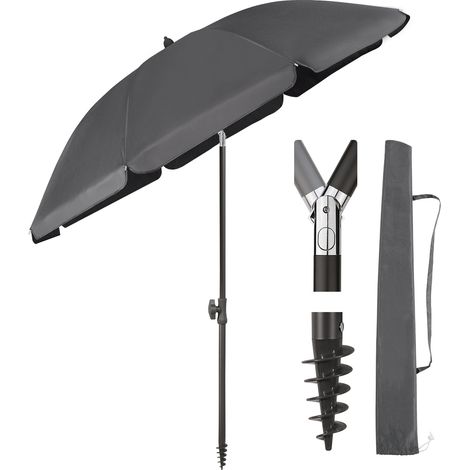 180 cm Sonnenschirm Stabil Strandschirm mit Bodenhülse & Schutzhülle für Balkon Garten & Terrasse Neigungswinkel und Höhe verstellbar, Sonnenschutz UPF 50+, Grau